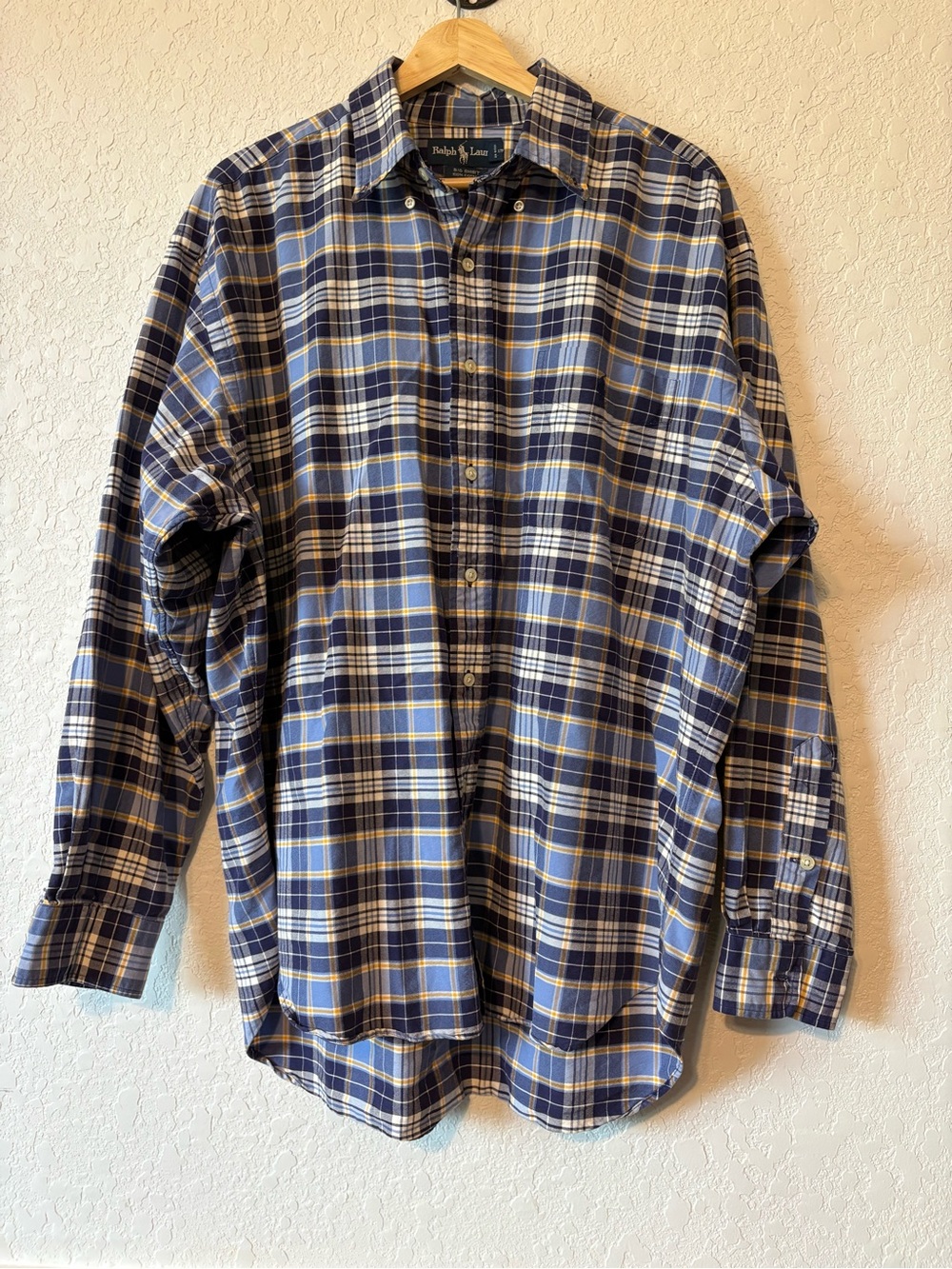 Ralph Lauren big shirt 100% cotton Navy, White & Yellow Plaid Button-Down Shirt